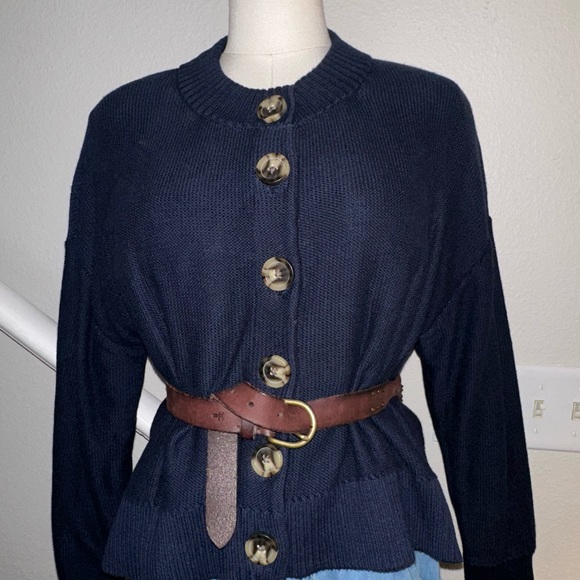 Quince Organic cotton Button Down navy Cropped Cardigan Banded Sleeve collar Sm - Picture 2 of 6